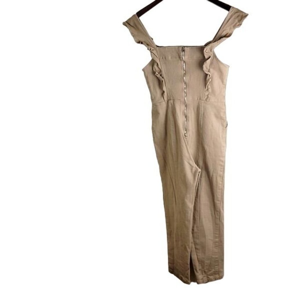 Aqua Women Beige Stretch Square Neck Back-Zip Ruffle Jumpsuit no belt XS $198 - Picture 7 of 12